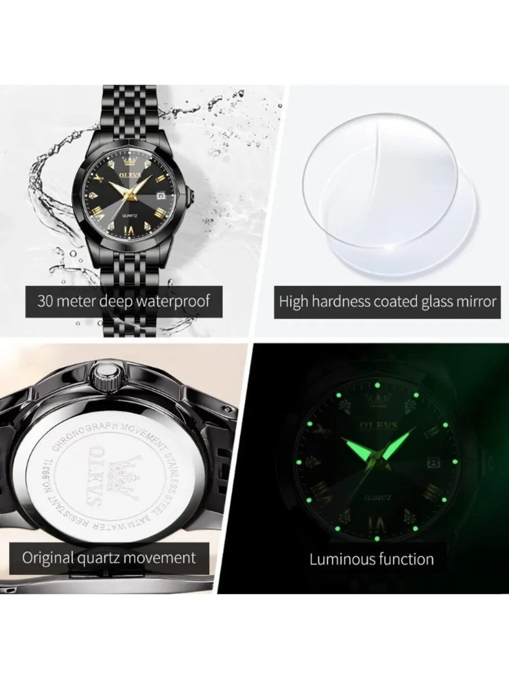 Women's Black Band/Black Dial Stainless Steel Luxury Quartz Analog Wrist Watch